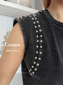 Easowa Women's Charcoal Gray 100% Cotton Tank Top,Fashionable Rivet Detail Washed Loose Round Neck Sleeveless T-Shirt,Casual Summer Occasion Chic Crop Tops - Black - View 5
