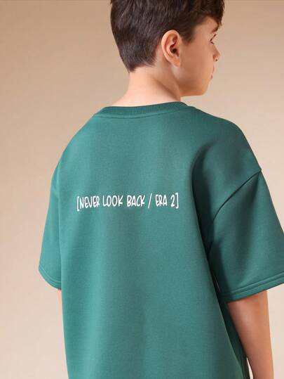 SUMWON Boys Never Look Back Era 2 Slogan Green Short Sleeve Crew Neck T-Shirt Casual Streetwear Style