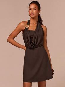 COSMINA Women's Elegant Dark Brown Summer Sleeveless Cowl Neck Short Dress,Metal Buckle Decor,Halter Neck, & Chic For Bar Party,Wedding,Daily Wear - Brown - View 3
