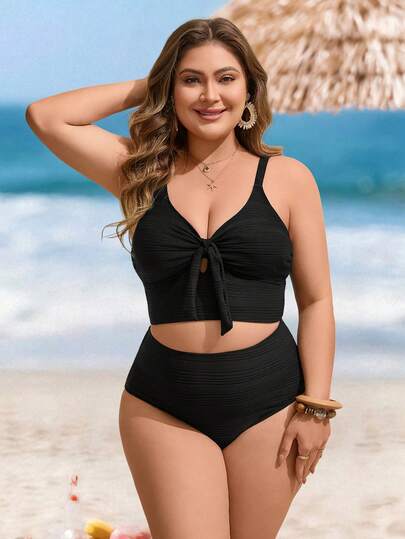 Swim Lushoire Plus Size Women 2pcs Swimwear Black Twist V-Neck High Waist Tankini Beach Vacation