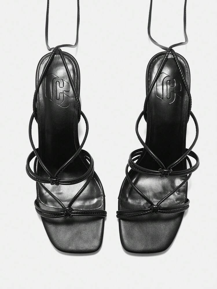 CUCCOO CURVES Women Shoes Wide Fit Square Toe Thick Heel Black Strap Knotted Lace-Up Fashion Classic Comfort Ankle Strap Sexy High Heel Sandals Plus Size