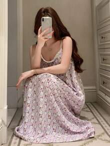 DAZY 快乐小狗印花无袖宽松长裙，女士夏季睡衣 - 紫色 - 查看 5