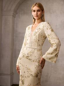 MOTF Soiréza Đầm cocktail tay chuông xòe rộng, đính sequin và hạt cườm, kiểu đuôi cá, thanh lịch, thích hợp cho mùa xuân/hè. - Màu be - Xem 6