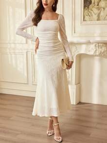 Vintamour 复古经典优雅女士连衣裙，春夏修身提花针织连衣裙，方领连衣裙，鱼尾紧身连衣裙，杏色连衣裙 - 杏色 - 查看 4