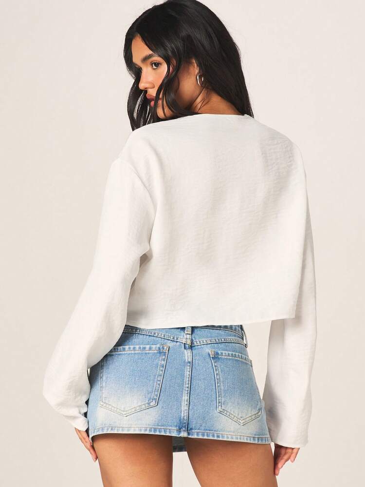 MISSGUIDED Women's White Long Sleeve Tie Front V Neck Cropped Blouse With Bell Sleeves And Drawstring Detail