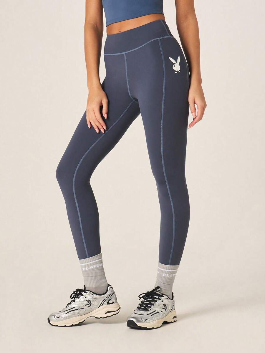 Missguided x Playboy Logo High Rise Full Length Sports Leggings With Contrast Stitching Athleisure Activewear - Dusty Blue - View 1