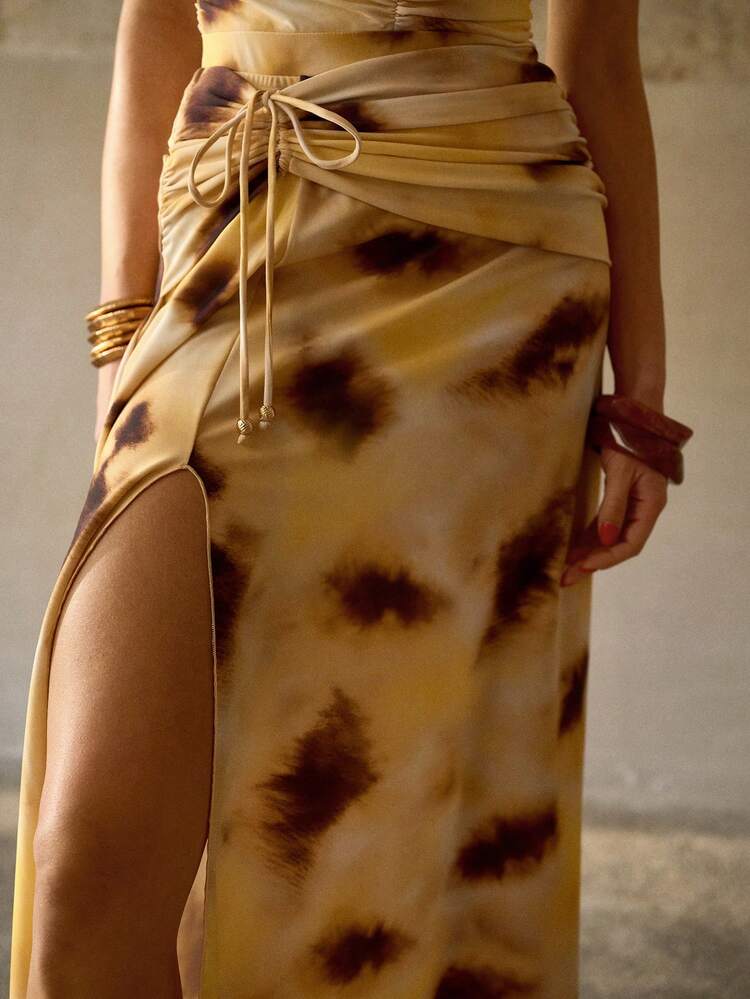 ELEGANT ROMANTIC COLORFUL TIE DYE WATERCOLOR PRINT RUCHED HIGH SLIT SKIRT FOR VACATION