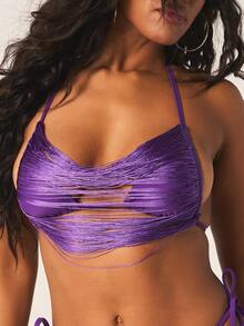 MISSGUIDED Women's Fringe Bikini Top Halter Neck Spaghetti Strap Swimwear Summer Beach Vacation Purple String Wrap Style Triangle Top - Purple - View 3