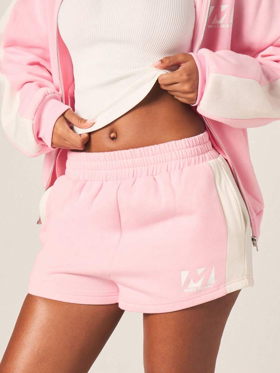 MISSGUIDED Women's Pink White Colorblock Panel Detail Elastic Waist Shorts With Side Stripes Summer Casual Drawstring Running Athleisure Shorts - Pink - View 1