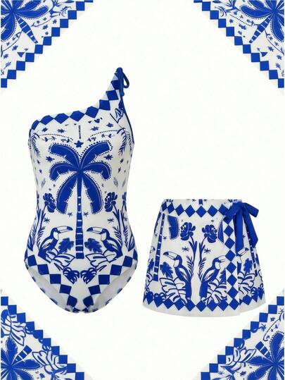 Swim Oasis Traje de baño de una pieza con estampado tropical de flores y pájaros con falda, vestimenta casual de playa y vacaciones con escote de halter para mujer