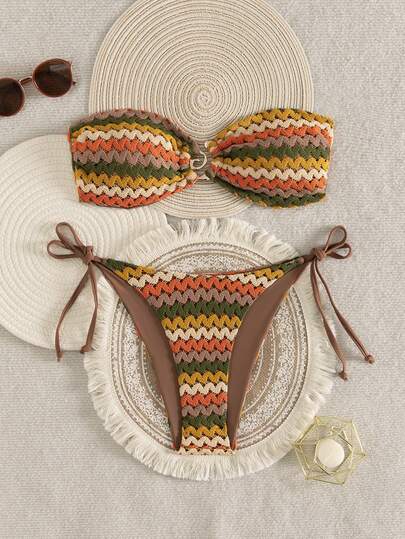 Swim Vcay 2件套女士波浪纹理度假螺旋装饰抹胸系带比基尼套装，夏季沙滩