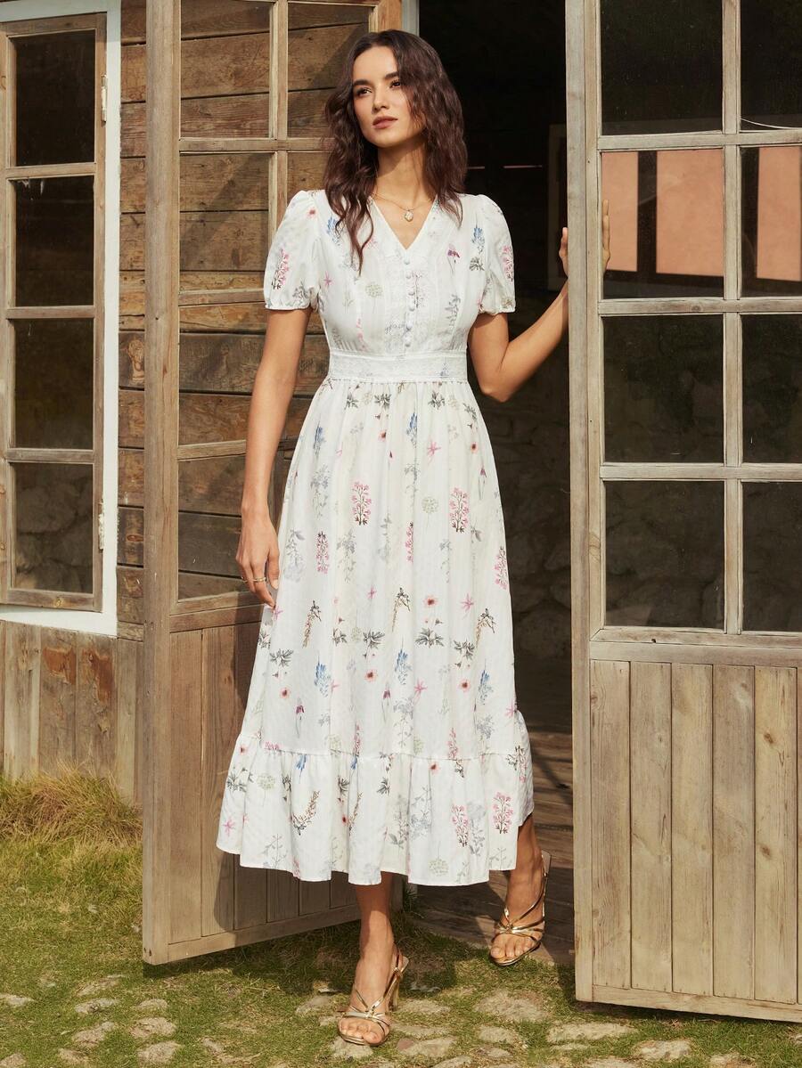 Gaivellea 女士夏季法式优雅休闲设计蕾丝拼接V领短袖收腰长款纹理印花休闲连衣裙 女士碎花中长连衣裙 优雅碎花连衣裙 - 白色 - 查看 1