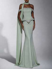 Elitara 优雅奢华的露肩美人鱼礼服，饰有大量串珠和水钻，配有缎带，适合婚礼、活动、派对、度假、晚宴和正式场合。 - 草綠色 - 查看 5