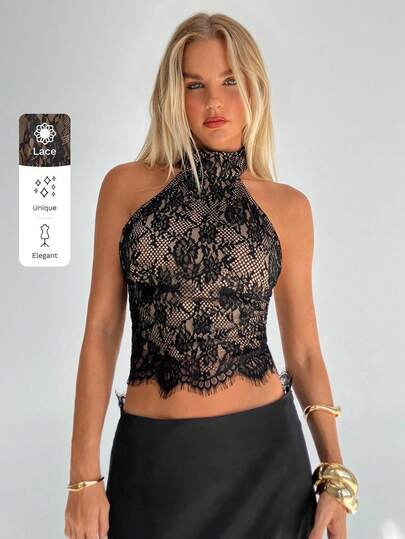 Aloruh Women Lace Halter Backless Sexy Black Camisole,Elegant,,For Daily,Office,Outgoing