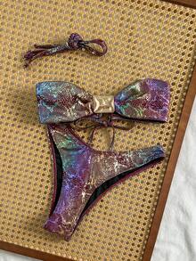 Swim Vcay Bộ bikini quây 2 mảnh phối màu gradient ánh kim, họa tiết da báo, chất liệu vải dệt thô, gợi cảm, thích hợp cho nữ mùa hè đi biển. - Nhiều màu - Xem 2