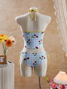 Swim Mod Women's Vacation Beach Plaid & Cherry Print Tankini Set - Multicolor - View 2