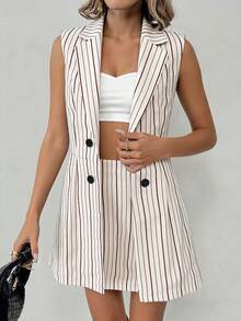 Elyressa 女士条纹亚麻质感双排扣马甲半裙套装，魅力优雅日常通勤度假时尚法式街头复古百搭商务假日杏棕色条纹马甲外套半裙春夏套装两件套 - 彩色 - 查看 1