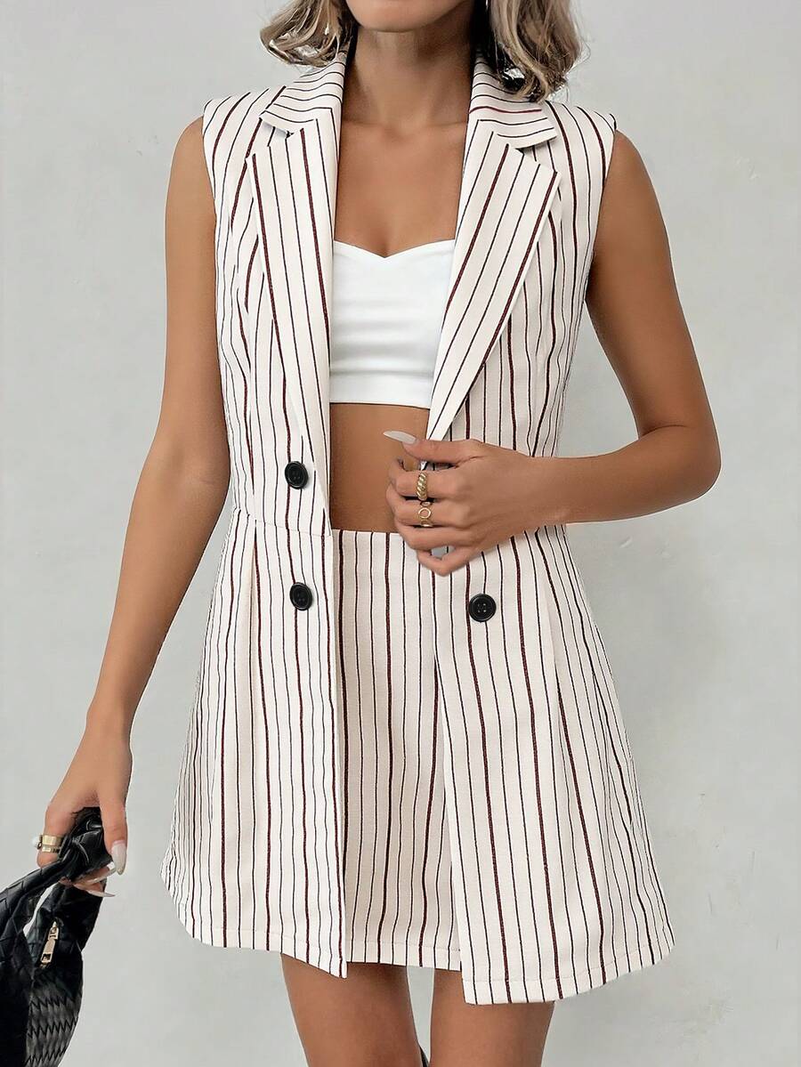Elyressa 女士条纹亚麻质感双排扣马甲半裙套装，魅力优雅日常通勤度假时尚法式街头复古百搭商务假日杏棕色条纹马甲外套半裙春夏套装两件套 - 彩色 - 查看 1