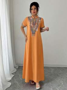 Rafferiza Contrast Color Embroidered Jewel Collar Loose Long Dress For Women - Burnt Orange - View 8