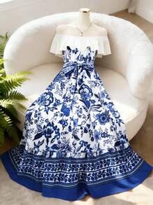 GlowEve 女士蓝白碎花露肩荷叶边领腰A字连衣裙，优雅百搭，适合度假、日常穿着、通勤、约会，展现法式街头风、复古风、假日风情，适合早春/春夏穿着，新款长裙 - 藍白色 - 查看 1