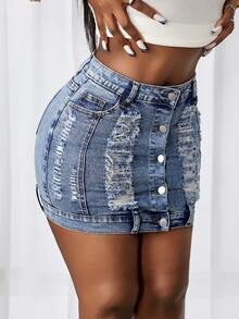 Slaydiva 女士休闲水洗做旧修身牛仔迷你裙，夏季 - 淺色水洗藍 - 查看 4