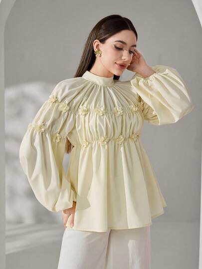 Veilorie Butter Yellow 3D Floral Appliqué Smocked Peplum Blouse, Romantic Mock Neck Bishop Sleeve Top For Women,Women's Stand Collar Floral Decor Pleated Casual Versatile Daily Wear Lantern Sleeve Blouse