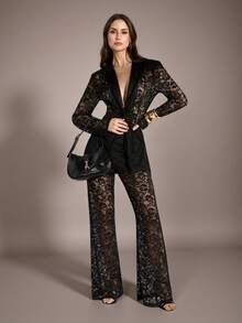 SHEIN Tall Fall Women's Clothing, Commuter Fashion, Fall Women's Clothing, Fall Essentials, Women's Lapel, Long-Sleeved Lace See-Through Slim Fit, Elegant Black Blazer, Women's Lace Jacket, Women's Black Blazer Black Blazer For Women - Black - View 4