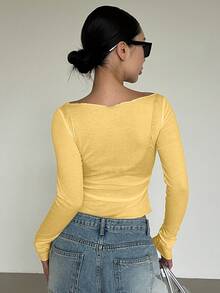DAZY Women's Autumn New Off-Shoulder Fitted T-Shirt - Yellow - View 6