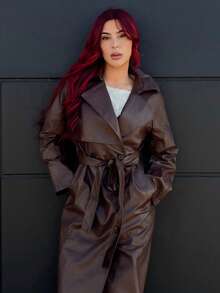 Bearsaez 秋冬女式常规剪裁 PU 皮夹克，撞色翻领、领带、腰带 - 咖啡棕 - 查看 4