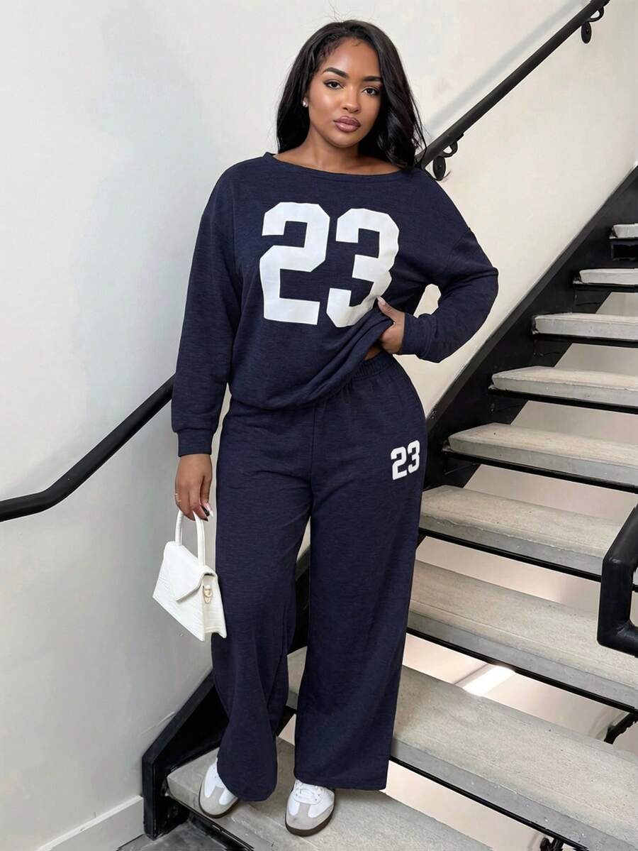 Alexandranx 2pcs/Set Women Casual Numeric Print Long Sleeve Top And Long Pants Set Y2k - Navy Blue - View 1