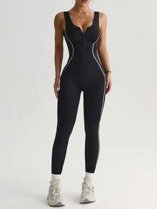 Dewbera Women's V-Neck Zipper Front Contrast Stripe Splicing Backless Jumpsuit, Suitable For Daily Casual Wear, Running, Yoga, Gym, Tennis, Golf, Spring/Autumn - Black - View 6