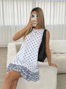 Easowa Women's All-Over Print Round Neck Ruffle Hem Casual Sleeveless Mini Dress - Multicolor - View 3