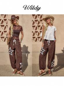 Wildy 波西米亚风休闲美式西部复古刺绣做旧女式日常基本款长裤，带口袋，适合春夏通勤 - 彩色 - 查看 2