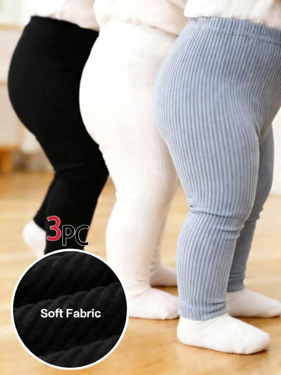 SHEIN Playful Pals 3件組女嬰針織燈芯絨彈性內搭褲 素色長褲 藍白條紋 秋季休閒度假百搭款 - 彩色 - 查看 1
