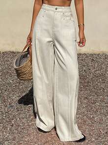 Livesso Women's High Waist Casual Wide Leg Pure White Denim Jeans, Suitable For Summer Outings - White - View 6