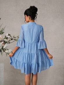 Momance Elegant Loose Fit Maternity Dress With 3/4 Ruffle Sleeves And V-Neck - Blue - View 2