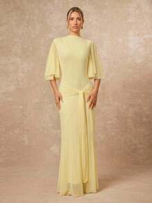 Lumalex 早春飘逸网纱多层喇叭长袖系腰连衣裙，荷叶边下摆，适合女士穿着。早春连衣裙、度假生日装、婚礼、情人节礼物指南、浪漫情人节装扮、宾客婚礼、情人节礼物指南、浪漫情人节装扮、派对、夏季假日海滩装扮、奢华造型、低调奢华、舞会、聚会、宴会、优雅老派、锐舞派对、音乐节、层次丰富的派对夏季连衣裙、春季女装。 - 黃色 - 查看 2