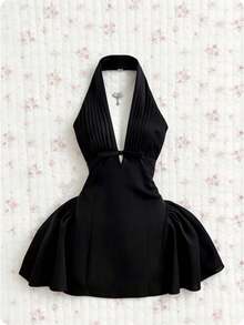 Elamini Vestido de linterna con pliegues, decoración de lazo y escote en V profundo, estilo retro dulce y picante para mujer - Negro - Ver 3