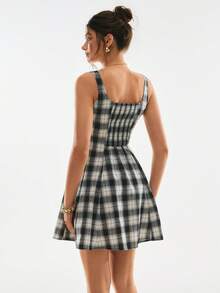 Poéselle 女士黑白格子褶皱连衣裙，春夏款 - 黑與白 - 查看 9