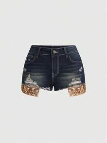 ROMWE Grunge Punk Y2K Sexy Gold Sequin Denim Mini Shorts With Exposed Waistband - Blue - View 1