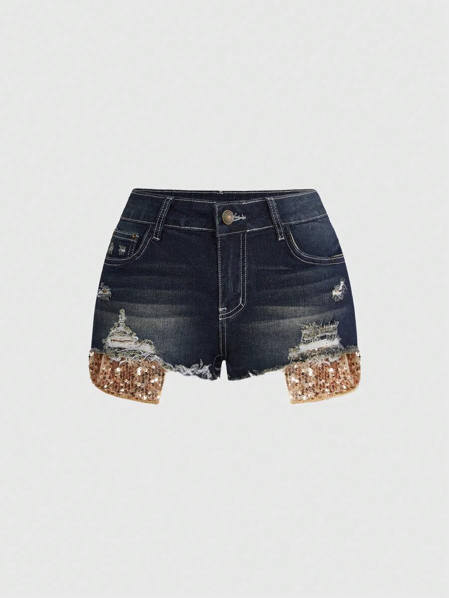 ROMWE Grunge Punk Y2K Sexy Gold Sequin Denim Mini Shorts With Exposed Waistband - Blue - View 1