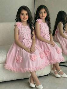 SHEIN Tween Girl Fashionable Elegant Sleeveless Round Neck Light Pink Dress, Summer Wedding Girls 3d Flowers Dress With Ruffles, Tween Girl Frocks - Pink - View 1