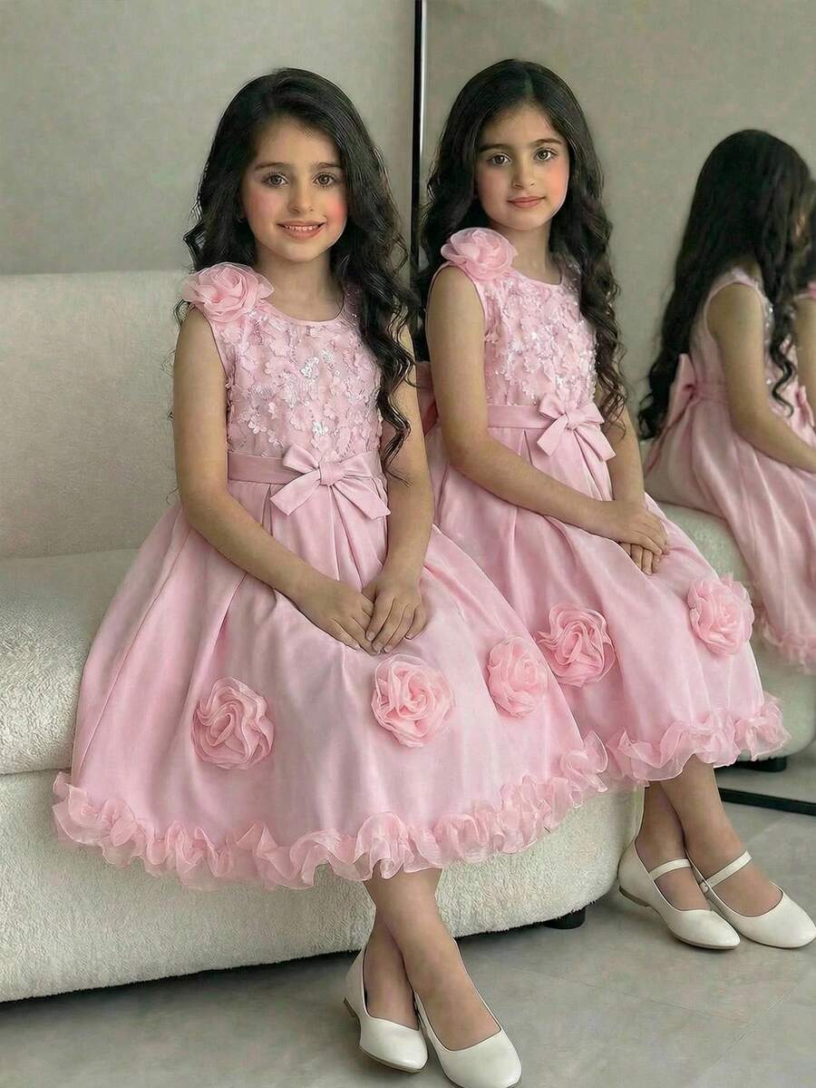 SHEIN Tween Girl Fashionable Elegant Sleeveless Round Neck Light Pink Dress, Summer Wedding Girls 3d Flowers Dress With Ruffles, Tween Girl Frocks - Pink - View 1