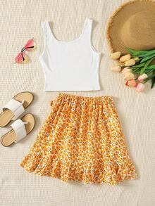 SHEIN 少女休闲简约舒适圆领无袖荷叶边下摆两件套 - 橘色 - 查看 2