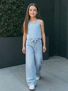 Tween Girls' Casual Denim Set, New Fashionable Minimalist Comfortable Light Blue Washed Denim Outfit - Blue - View 1