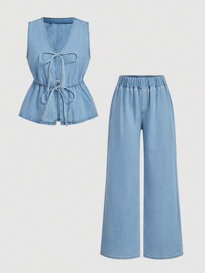 SHEIN MOD 女士纯色简约无袖上衣牛仔裤套装，休闲日常穿着