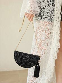 MOTF HANDMADE BEADED EVENING BAG, BLACK TASSEL CLUTCH, ELEGANT CHAIN SHOULDER CROSSBODY BAG - Black - View 8