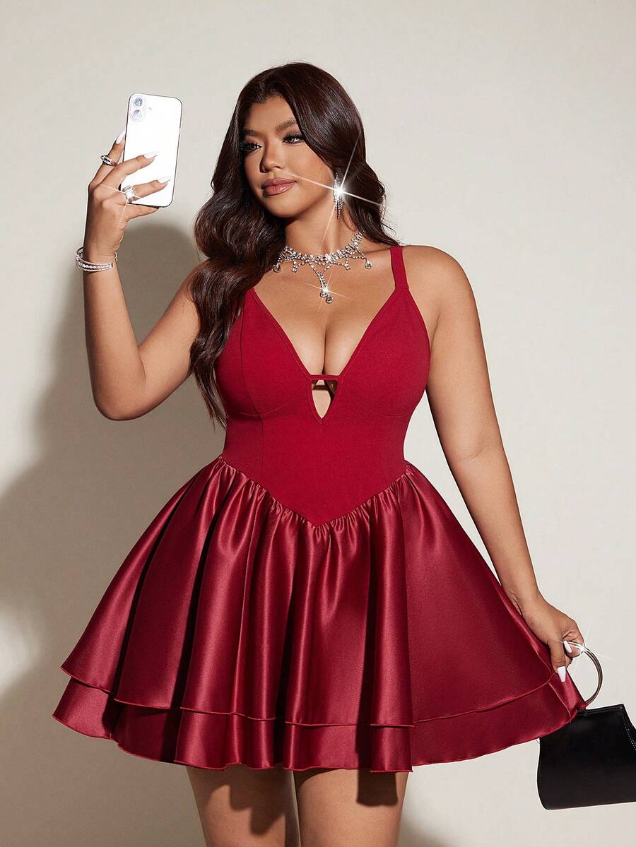 Viva Relle Plus Size Elegant Sexy Patchwork Slip Dress For Summer - Burgundy - View 1