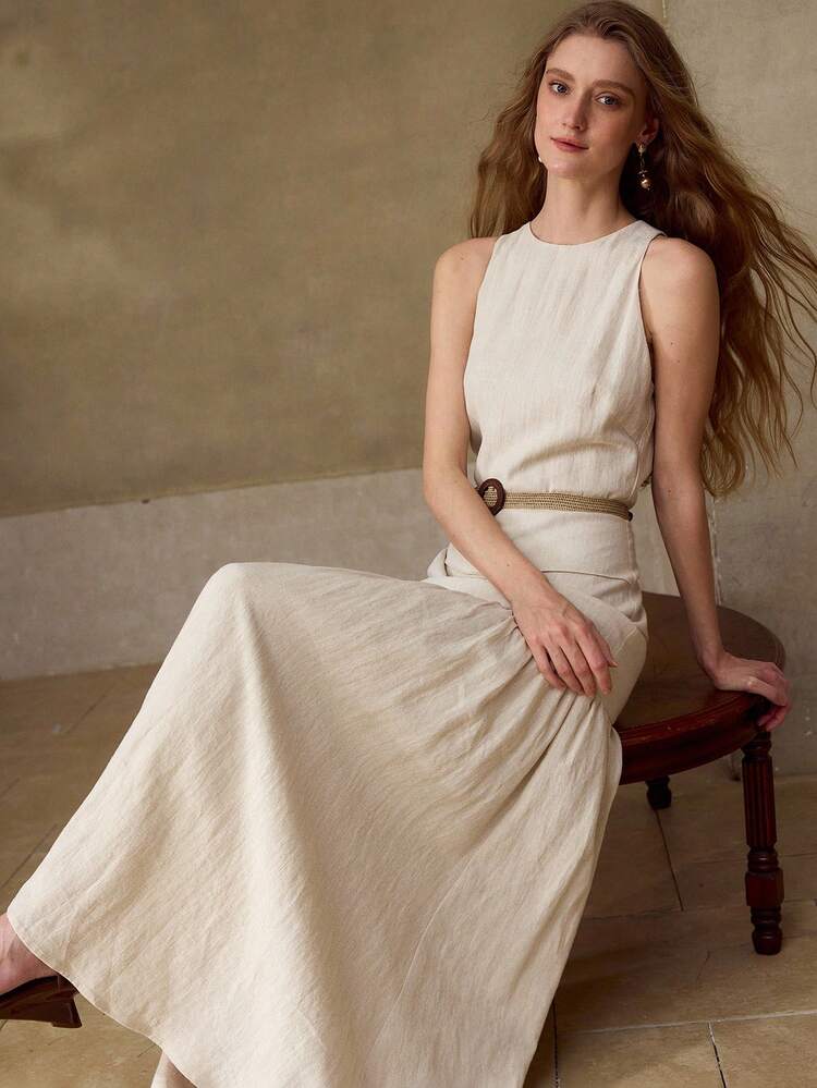 WOMEN'S 100% LINEN ROUND NECK SLEEVELESS MID-LENGTH CASUAL/DATE DRESS, SPRING/SUMMER