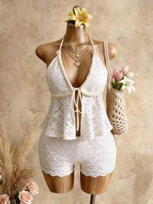 Mistrie Áo tank top lửng trang trí mặt dây chuyền hình sao biển và vỏ sò - Màu be - Xem 3